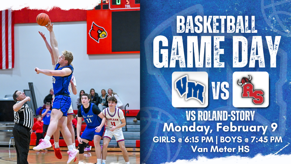 High school basketball player in blue jumps to shoot over defender during a game at Van Meter High School gym. Basketball Game Day vs Roland-Story on Monday, February 9. Girls at 6:15 PM and Boys at 7:45 PM at Van Meter HS.