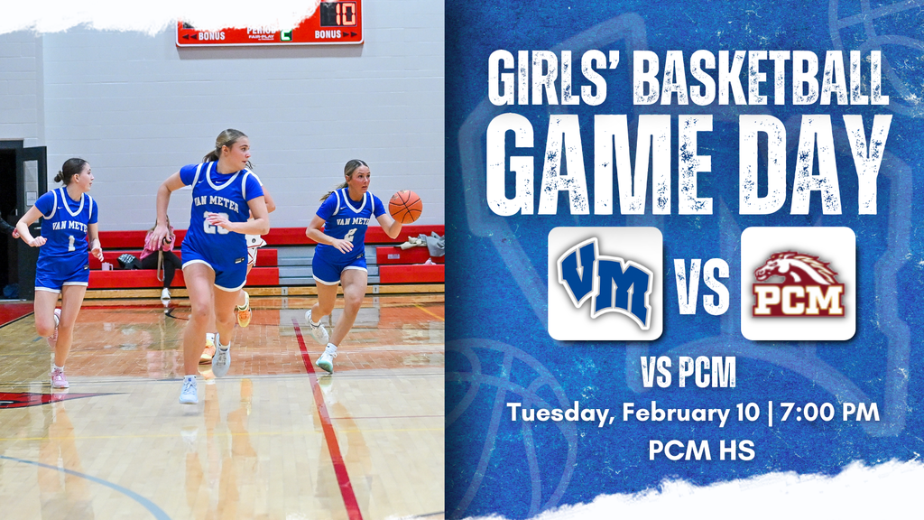 Three girls in blue jerseys running on a gym court during during a game. Girls' Basketball Game Day vs PCM on Tuesday, February 10 at 7:00 PM at PCM HS.