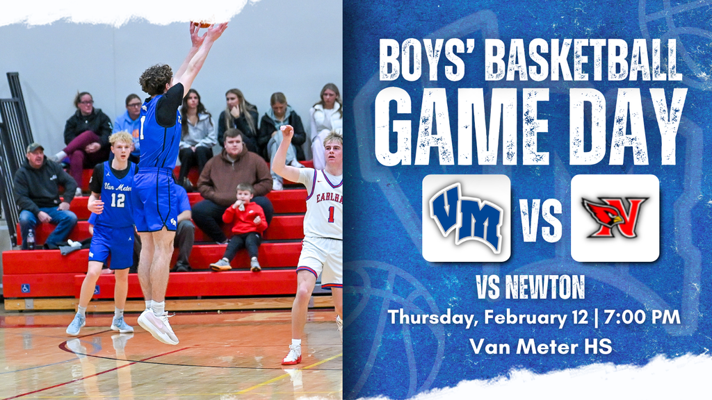 Van Meter basketball player jumps to shoot while opponents and spectators watch during a game at Van Meter High School. Boys' Basketball Game Day vs Newton on Thursday, February 12 at 7:00 PM at Van Meter HS.