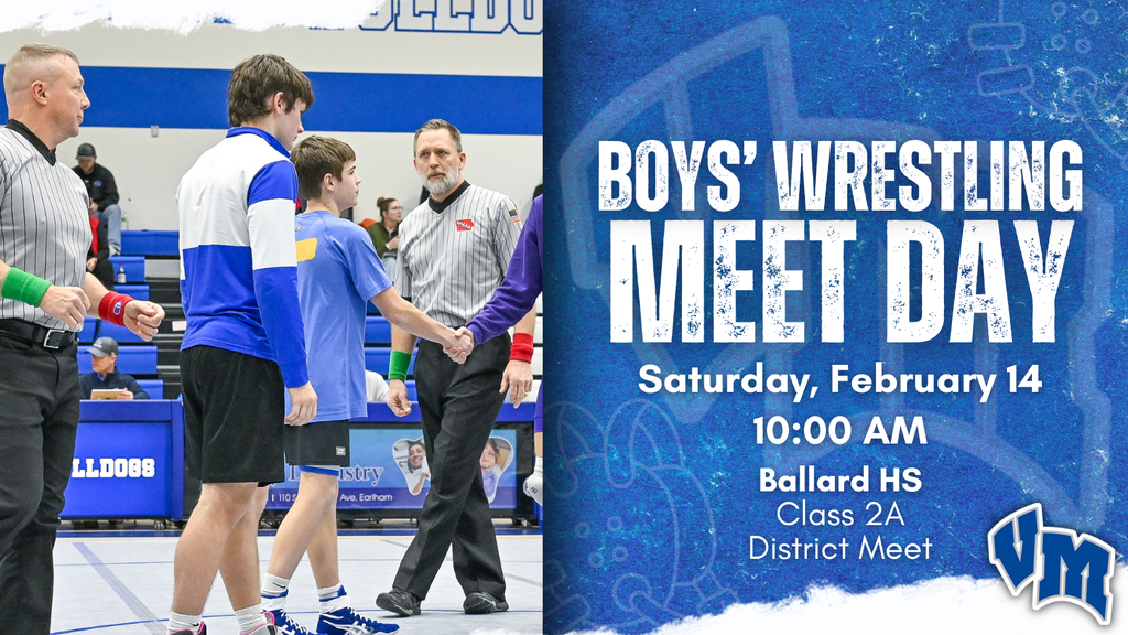 Wrestlers and referees shaking hands. Boys' Wrestling Meet Day on Saturday, February 14 at 10:00 AM at Ballard HS for the Class 2A District Meet.