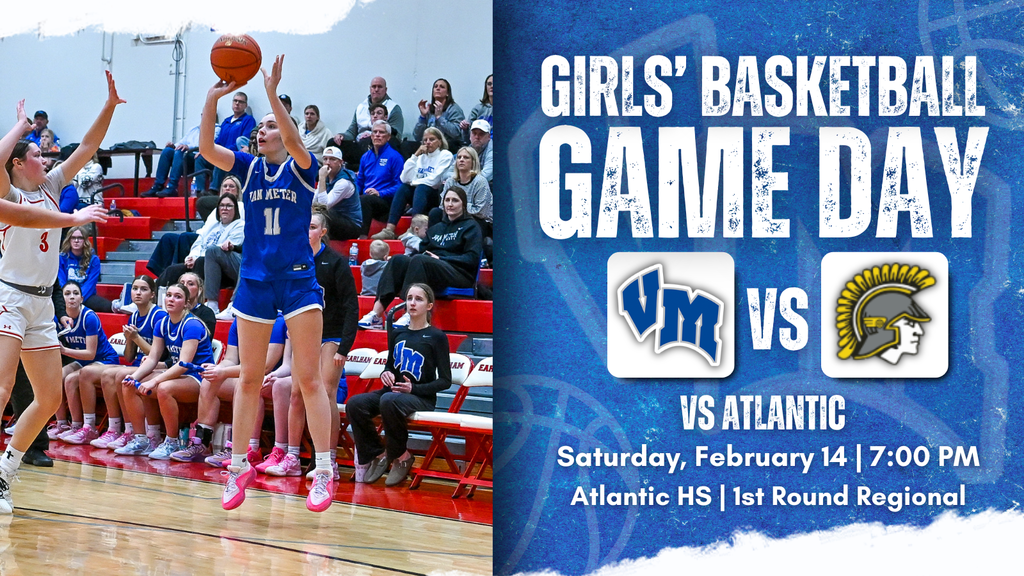 Female basketball player in blue jersey jumps to shoot while defenders block during a girls' basketball game with spectators in the background. Girls' Basketball Game Day vs Atlantic on Saturday, February 14 at 7:00 PM at Atlantic HS for the first round of Regional play.