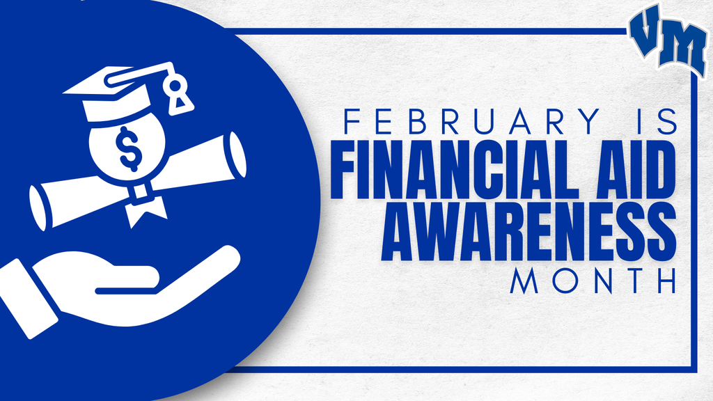 Graphic showing a hand holding a dollar sign with a graduation cap and diploma, highlighting February as Financial Aid Awareness Month.