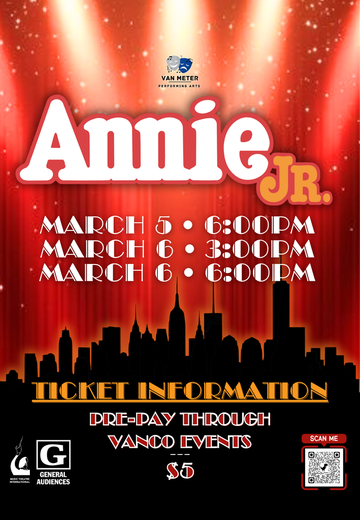 Red curtain backdrop with city skyline silhouette promoting Annie Jr. performances on March 5 and 6 with ticket info and QR code.