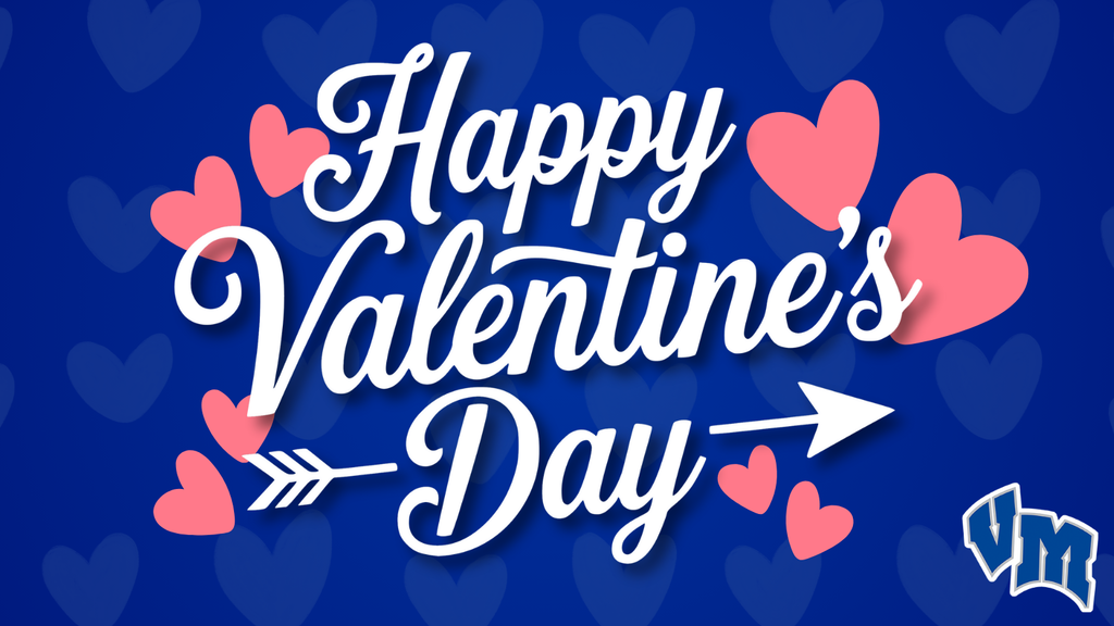 Happy Valentine's Day greeting in white script with pink hearts and an arrow on a dark blue background.