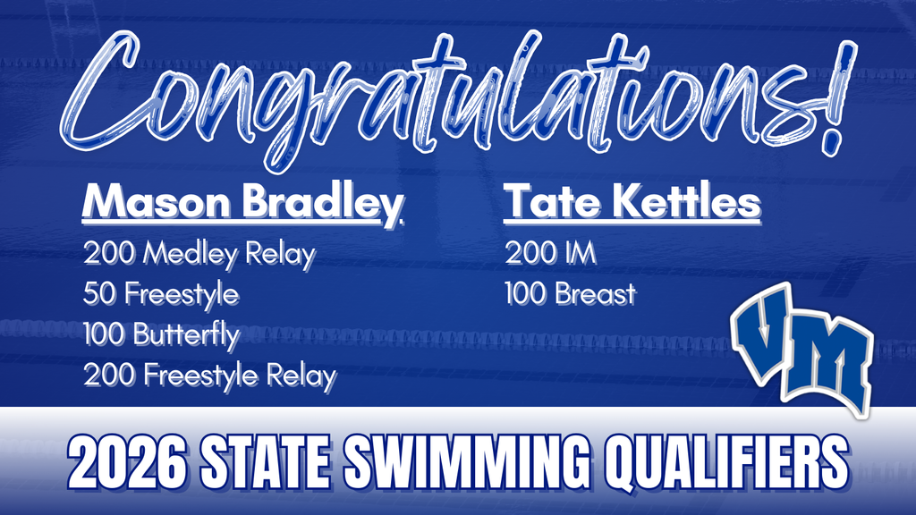 List of 2026 state swimming qualifiers Mason Bradley and Tate Kettles with their qualifying events on a blue background.