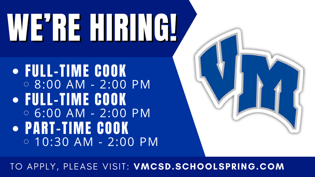 Van Meter blue hiring announcement for full-time and part-time cook positions with specific shift times listed.