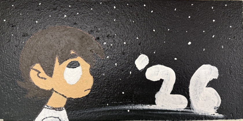 Cartoon boy with brown hair looking thoughtfully at the number 26 against a starry black background.