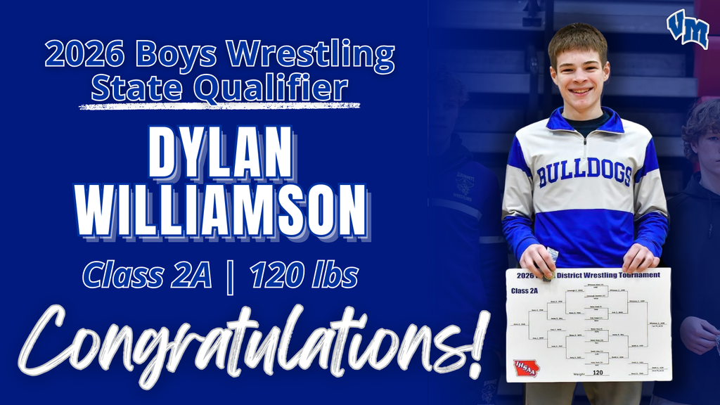 Van Meter High School wrestler Dylan Williamson poses with a bracket sheet after qualifying for the 2026 Boys Wrestling State Tournament at 120 lbs in Class 2A.