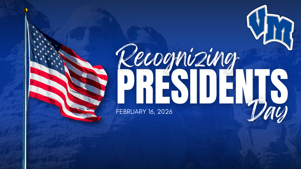 American flag waving in front of Mount Rushmore with text honoring Presidents Day on February 16, 2026.