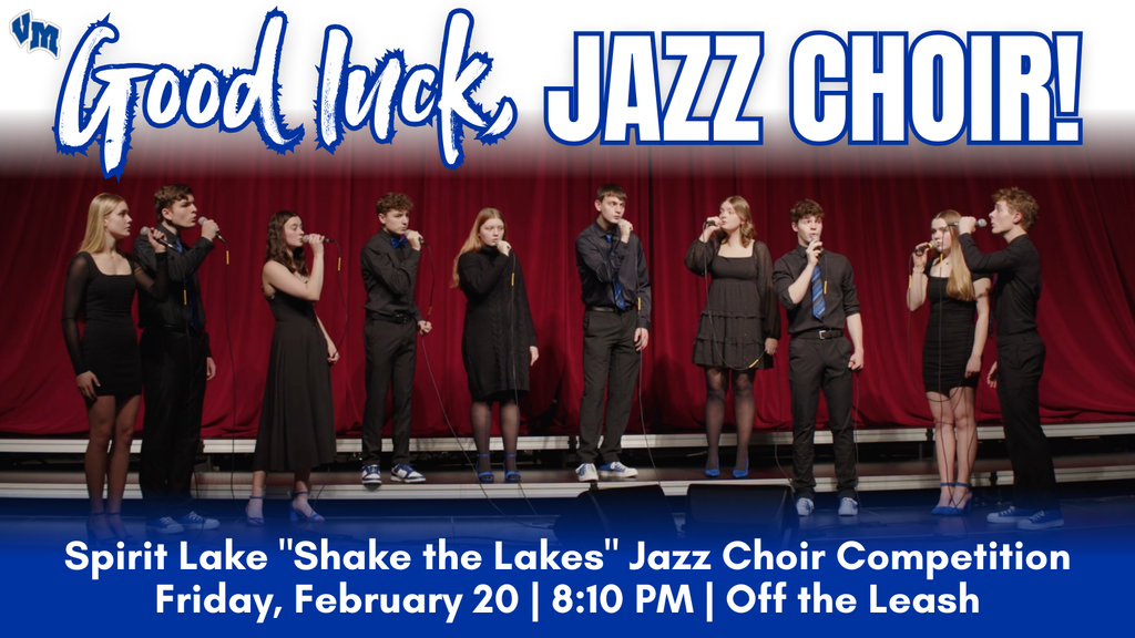 Ten young singers perform on stage in front of a red curtain at a jazz choir competition event.
