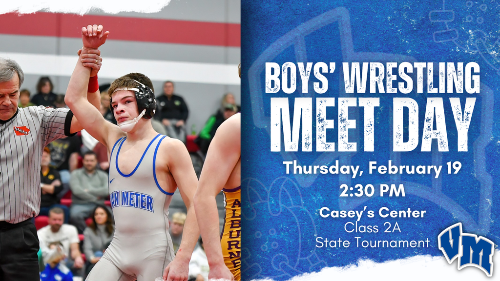 Wrestler in white singlet with 'VAN METER' raised hand by referee during boys' wrestling meet at Casey's Center.