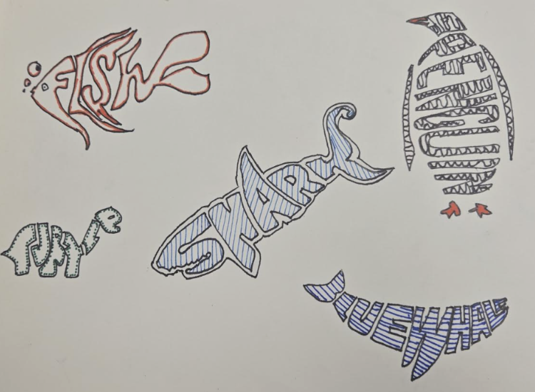 Hand-drawn fish, shark, penguin, turtle, and blue whale shapes filled with their respective names in stylized lettering.