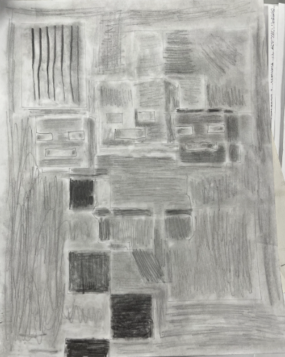 Abstract pencil sketch featuring a grid of shaded rectangles and vertical lines with varied textures and intensities.