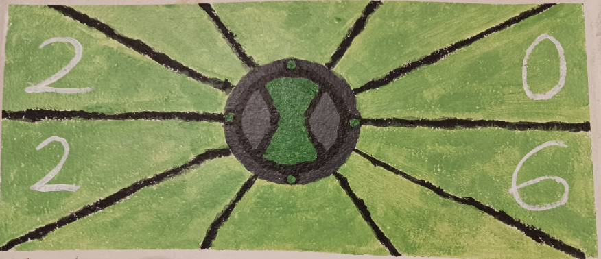 Green abstract painting with a central black and green circular shape radiating black lines outward, surrounded by the numbers 2, 0, 2, and 6 in white.