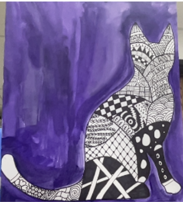 Black and white patterned cat silhouette against a textured purple watercolor background.