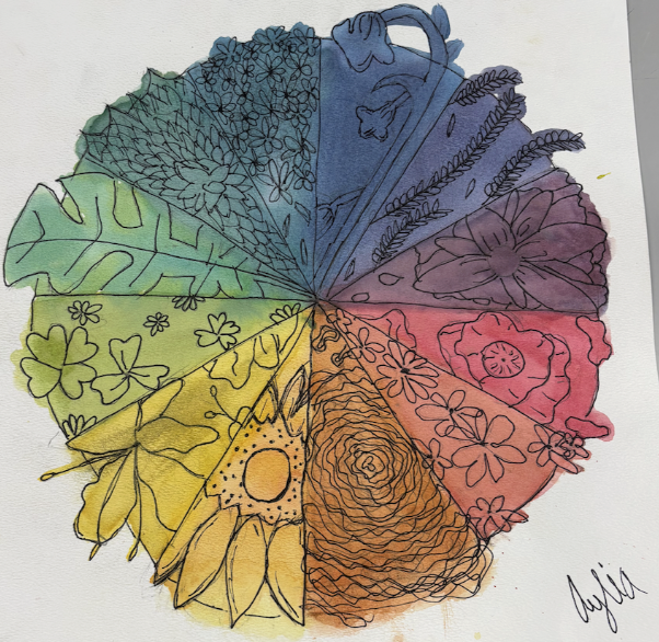 Circular floral design divided into eight colorful segments, each featuring different hand-drawn flowers and leaves with watercolor shading.