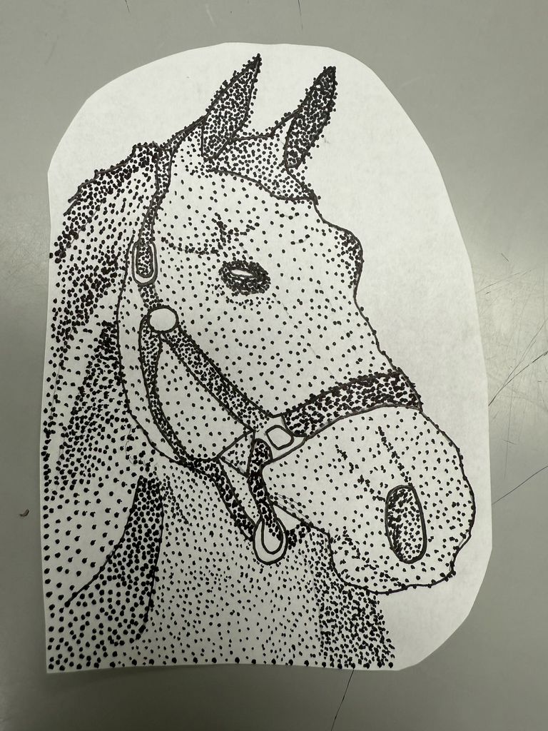 Black and white stippled drawing of a horse's head wearing a bridle on a white cutout background.