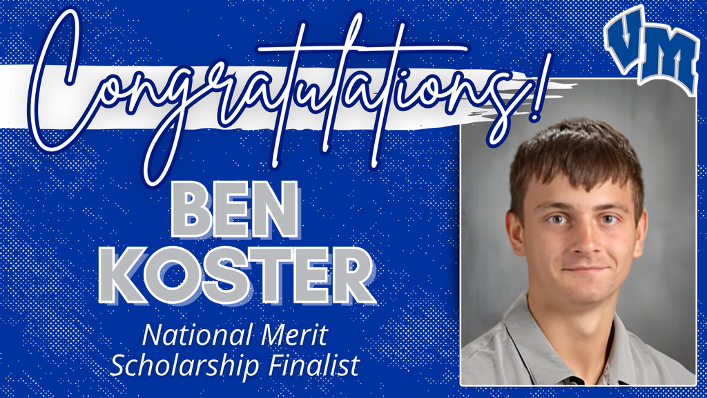 Portrait of Ben Koster with text congratulating him as a National Merit Scholarship Finalist on a blue background.