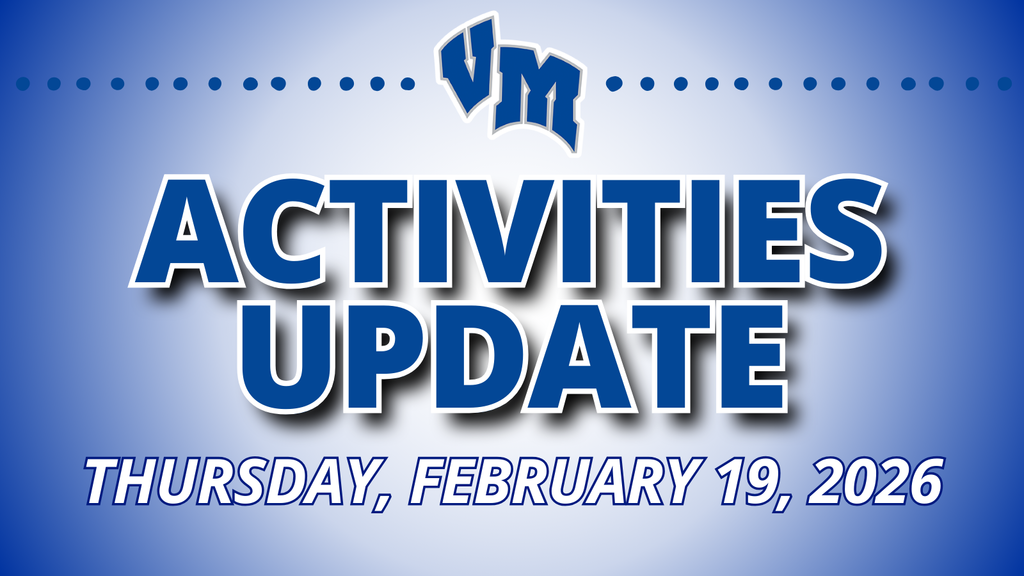 VM school activities update for Thursday, February 19, 2026, on a blue gradient background.