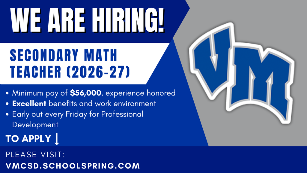 Hiring announcement for a secondary math teacher for 2026-27 with $56,000 minimum pay and excellent benefits.