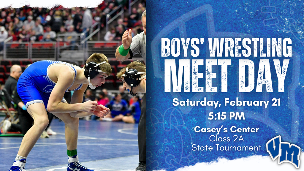 Two high school wrestlers in blue and black singlets prepare to grapple on a mat during a crowded state tournament match.