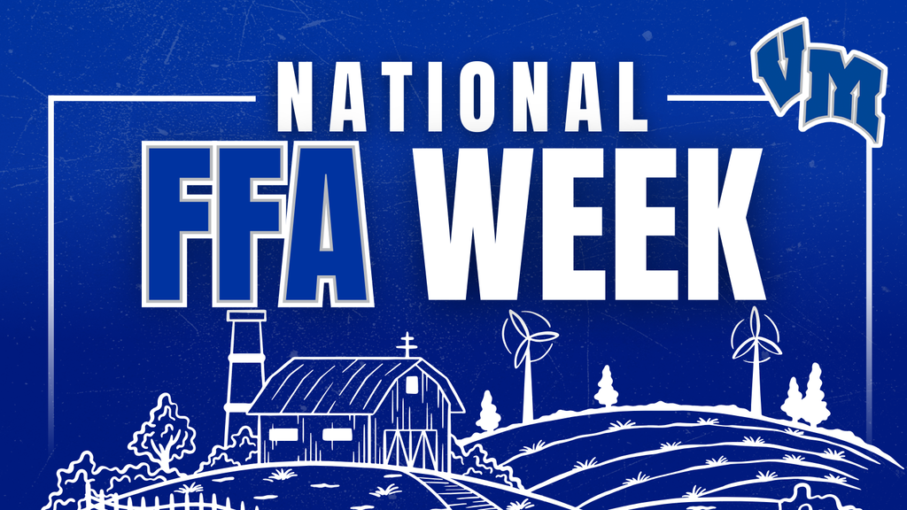 Van Meter CSD celebrating National FFA Week with a barn, wind turbines, and rolling hills on a blue background.
