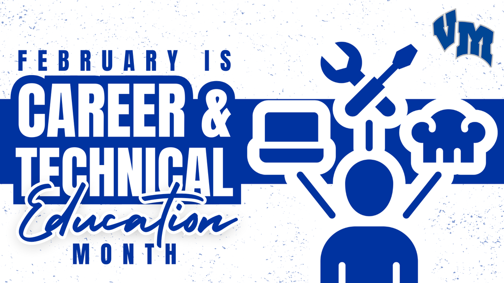 February as Career and Technical Education Month with icons of a wrench, screwdriver, computer, and chef's hat.