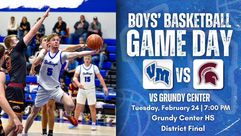 High school boys' basketball players in action during a game, with a promotional graphic for the district final between VM and Grundy Center on February 24 at 7 PM.