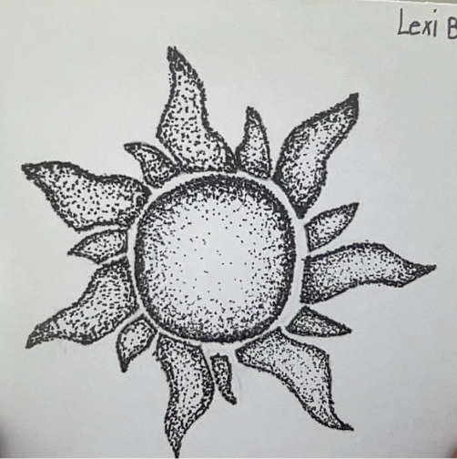Black ink stippling drawing of a stylized sun with irregular, pointed rays radiating from a dotted circular center.