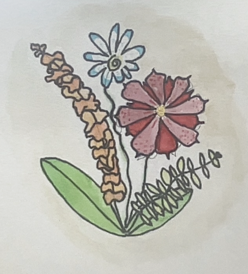 Hand-drawn bouquet featuring a large red flower, a blue and white daisy, and a tall orange floral spike with green leaves.