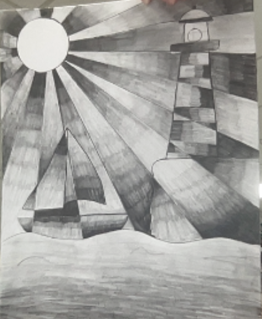 Black and white drawing of a lighthouse on rocky shore with sun rays radiating behind and a sailboat on calm water.