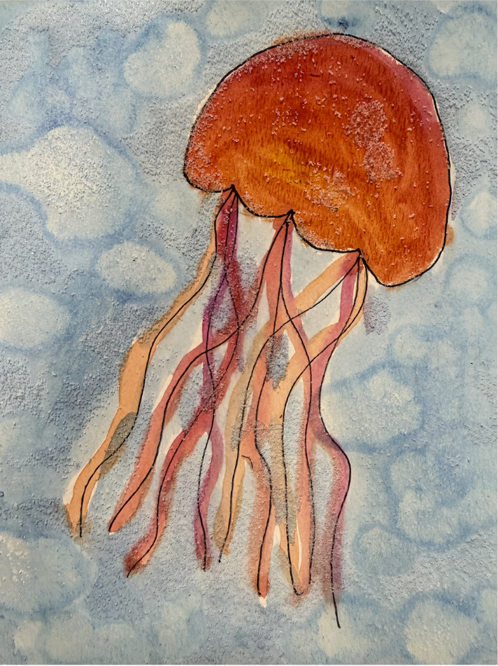 Bright orange jellyfish with long, flowing tentacles swimming against a soft blue, cloud-like background.