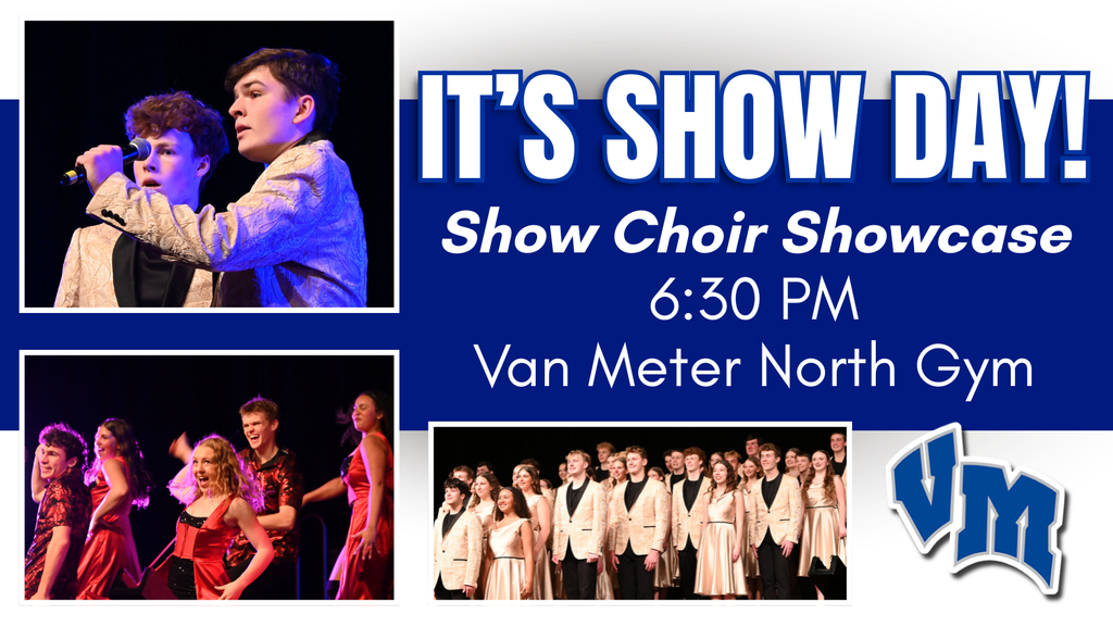 Show choir members singing together on stage during a performance with dark background.