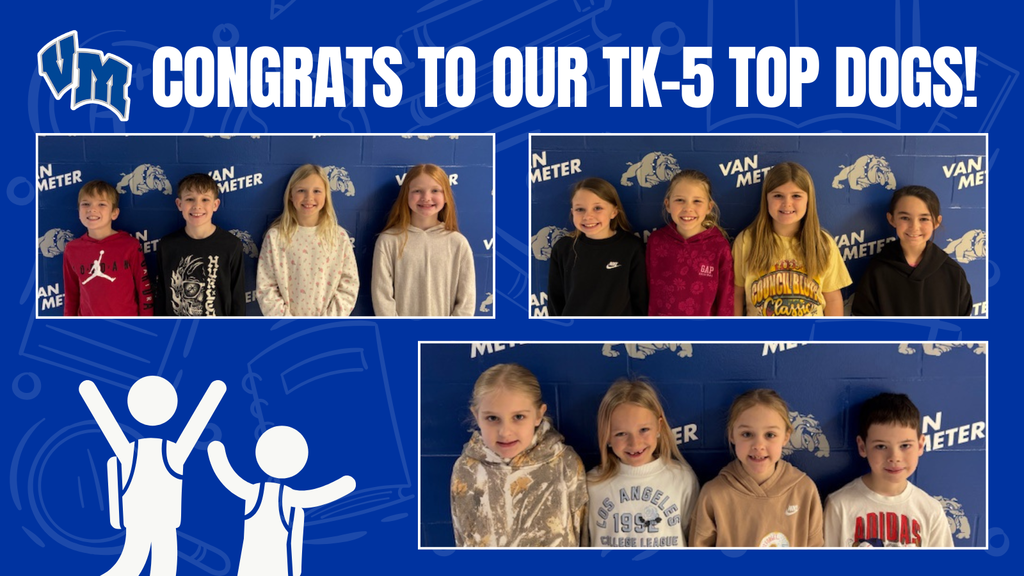 Group of TK-5 students posing in front of a Van Meter backdrop celebrating top academic achievers.