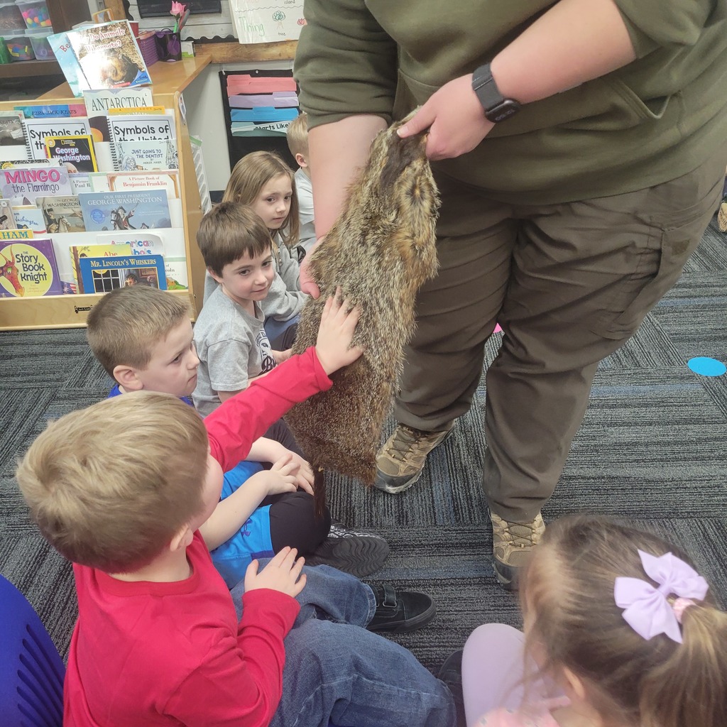 A group of young children sitting on the floor touching a large animal pelt held by an adult in a classroom setting.
