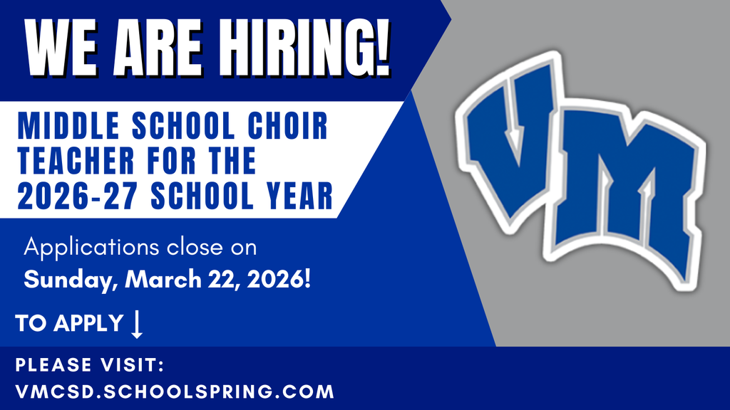 Announcement for hiring a middle school choir teacher for the 2026-27 school year with application deadline March 22, 2026.