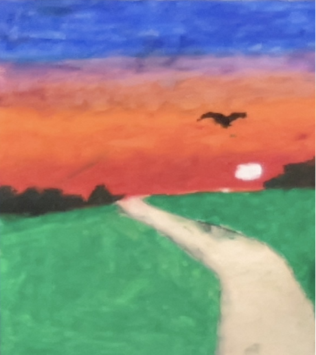 A winding dirt path cuts through green fields under a vibrant sunset sky with deep orange and blue hues and a bird flying near the glowing sun.