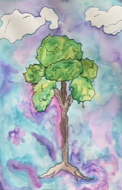 Watercolor painting of a solitary tree with lush green leaves against a swirling pastel sky with white clouds.