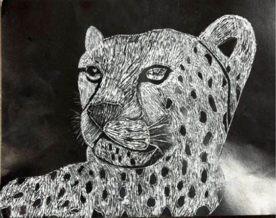 Detailed black and white sketch of a cheetah's face and upper body with distinct spots and intense eyes on a dark background.