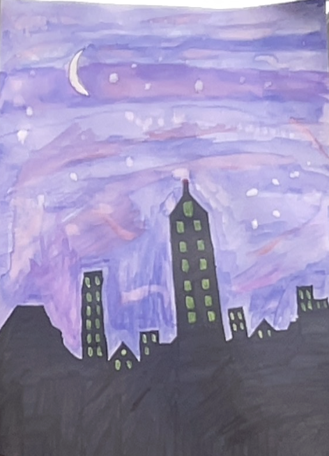 Silhouetted city skyline with tall buildings under a purple night sky dotted with stars and a crescent moon.