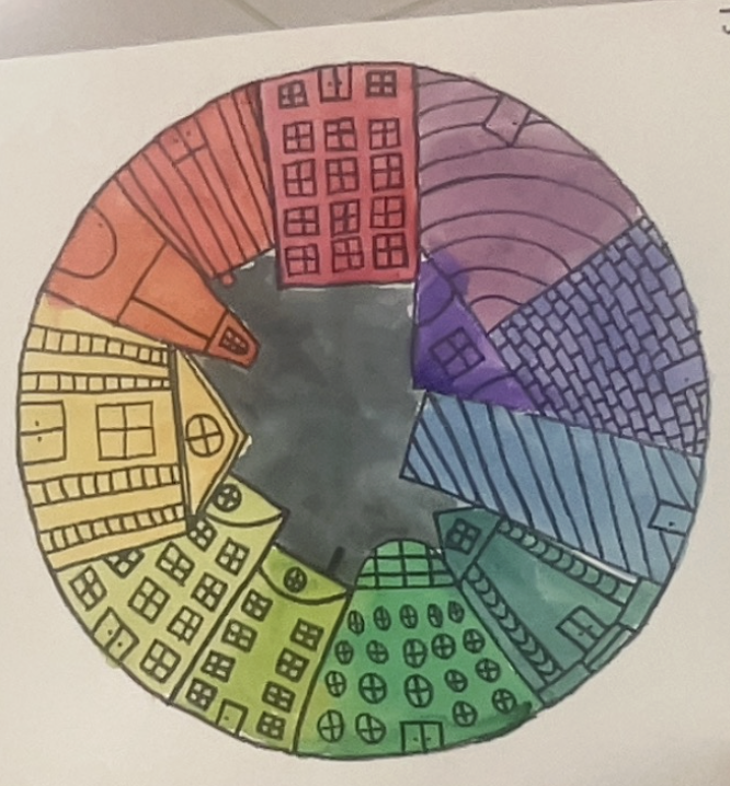Circular drawing of colorful buildings arranged in a ring with a gray center, each building uniquely patterned and shaded in rainbow hues.