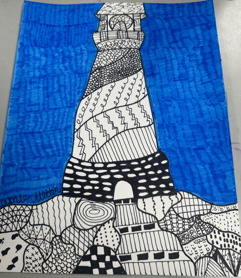 Black and white patterned lighthouse with intricate designs stands against a vibrant blue textured sky background.