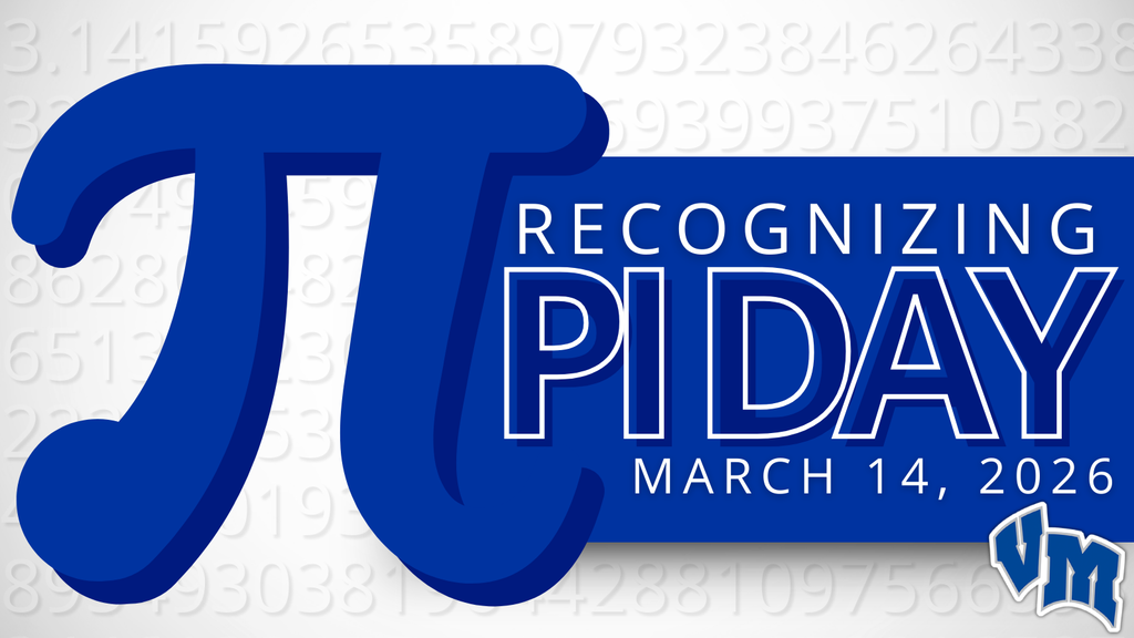 Blue pi symbol with text recognizing Pi Day on March 14, 2026, against a background of pi digits.
