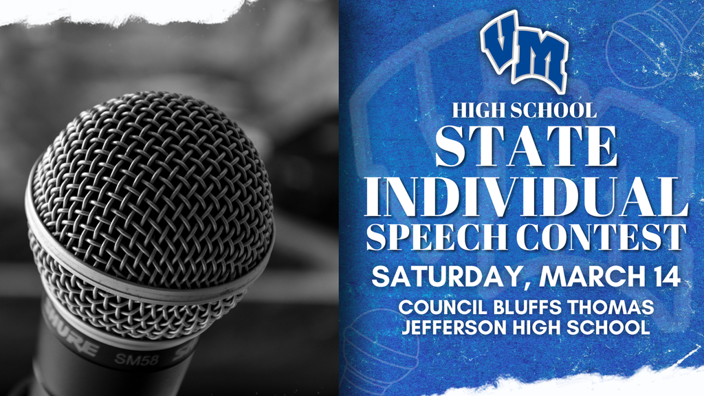 Close-up of a microphone next to a blue poster announcing the High School State Individual Speech Contest on March 14 at Council Bluffs Thomas Jefferson High School.