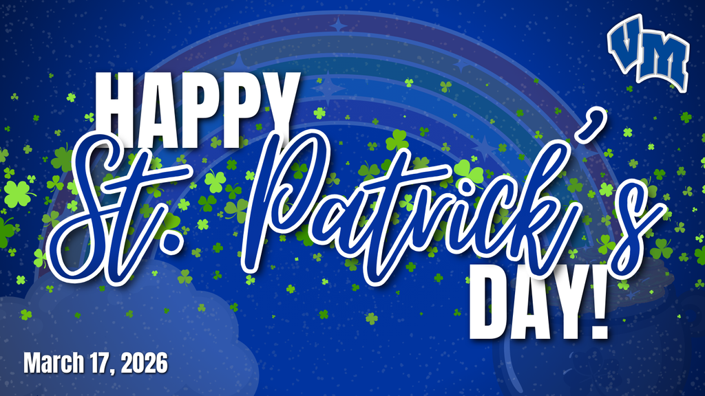 Festive St. Patrick's Day greeting with shamrocks and a rainbow on a blue starry background, dated March 17, 2026.