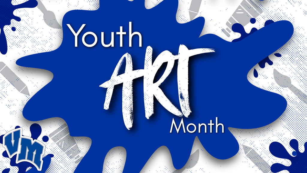 Blue paint splash background with 'Youth ART Month' text and scattered paintbrush illustrations.