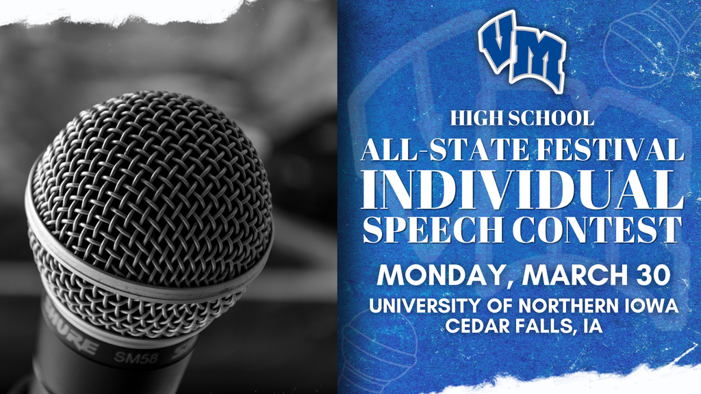 Close-up of a microphone next to a blue poster for the High School All-State Festival Individual Speech Contest at University of Northern Iowa.