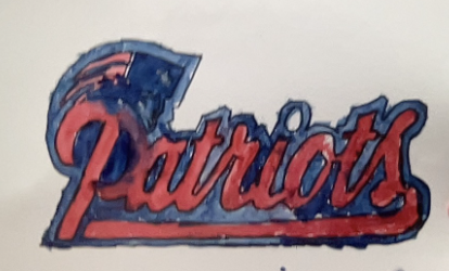 Hand-drawn Patriots logo featuring bold red script with a blue outline and a stylized blue patriot head above the text.