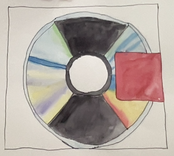 Hand-drawn circular chart divided into colorful segments with two large black sections and a red square overlapping the right side.