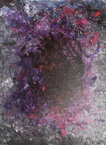 Abstract painting with swirling purples, reds, and blacks blending into a dark central void on textured canvas.